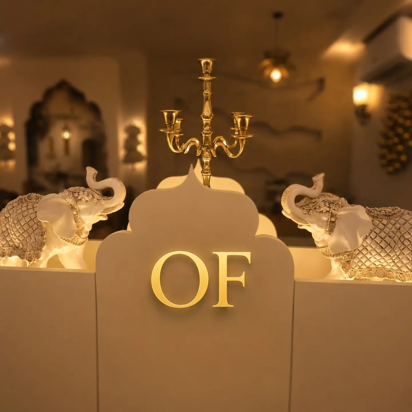 White elephants flanking 'Of'