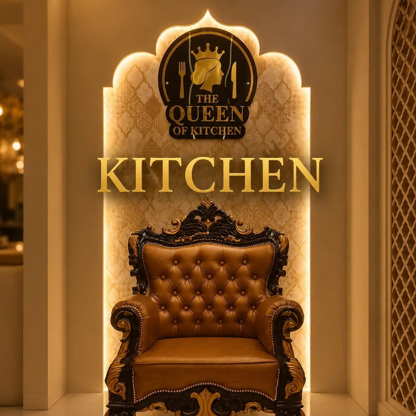 Elegant interior of The Queen of Kitchen with warm golden lighting